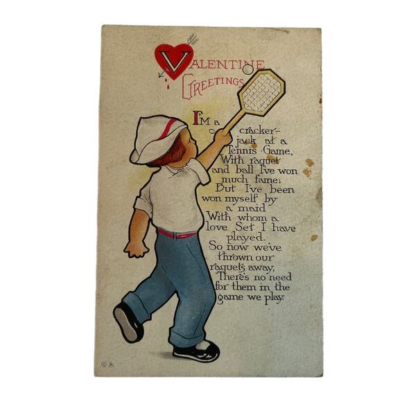 Antique Early 1900s Ephemera Valentine Postcard Tennis Player Boy Love Poem SEE - Picture 2 of 8
